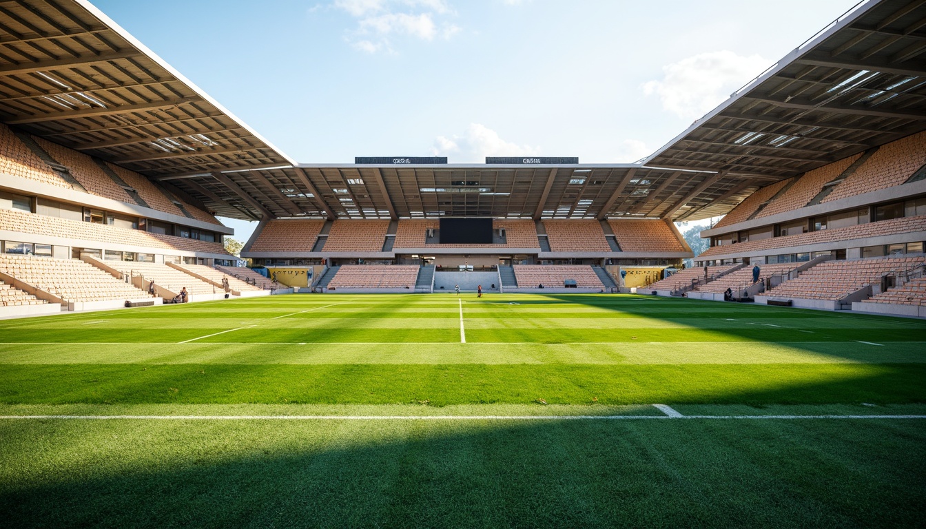 Prompt: Sports stadium, vibrant green grass, detailed seating areas, modern scoreboard, athletic track, sleek metal railings, concrete flooring, natural stone walls, retractable roof, warm sunny day, soft diffused lighting, shallow depth of field, 3/4 composition, panoramic view, realistic textures, ambient occlusion.