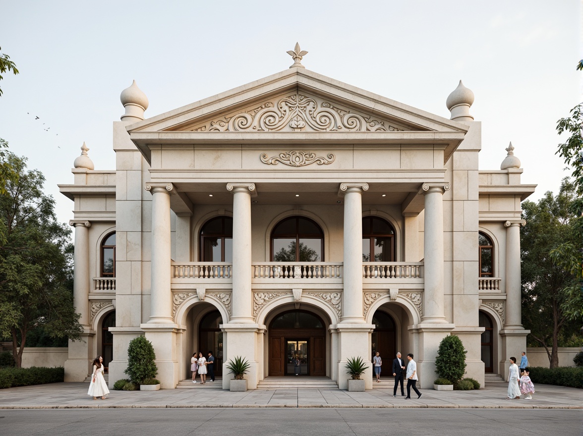 Prompt: Ornate neoclassical building, grand entrance, imposing columns, intricately carved stonework, ornamental details, symmetrical facade, majestic arches, rounded domes, subtle gradient color scheme, creamy whites, soft grays, earthy tones, subtle texture variations, classic proportions, balanced composition, 1/2 perspective view, warm softbox lighting, realistic material reflections, ambient occlusion.