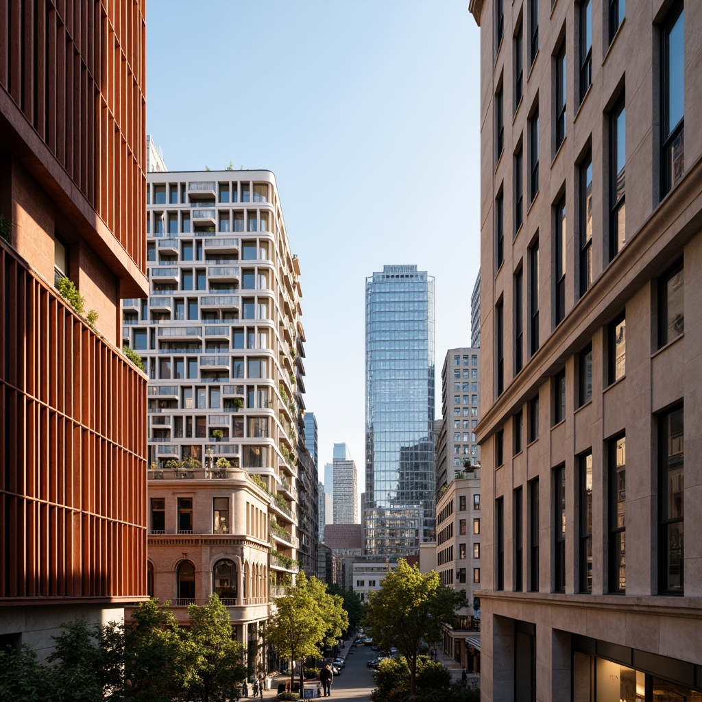 Prompt: Vibrant cityscape, urban skyscrapers, neutral beige tones, rich wood accents, bold red highlights, calming blue hues, natural stone textures, sleek metal frames, glass facades, modern minimalist aesthetic, warm golden lighting, shallow depth of field, 1/1 composition, realistic reflections, ambient occlusion.