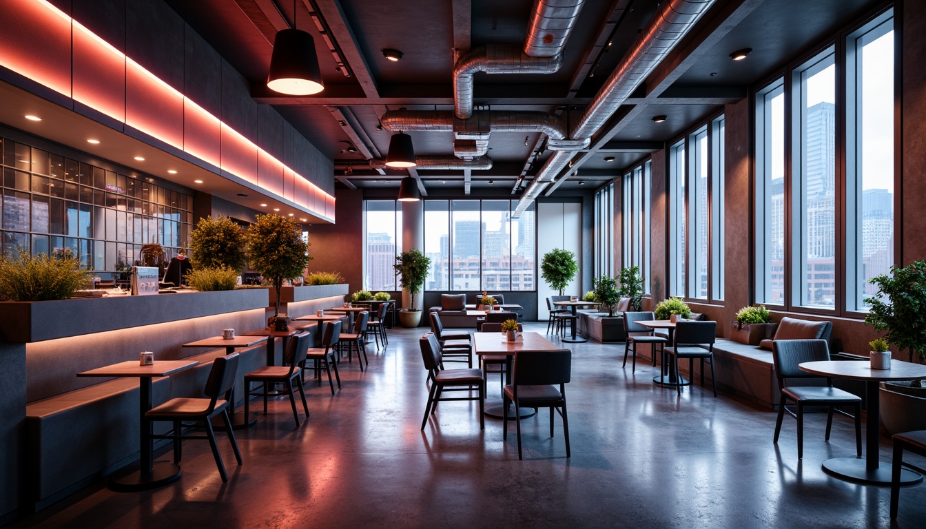 Prompt: Futuristic dining hall, high-tech ambiance, sleek metallic tables, minimalist chairs, polished concrete floors, exposed ductwork ceilings, LED strip lighting, color-changing neon lights, pendant lamps, floor-to-ceiling windows, natural daylight, warm soft glow, 1/1 composition, shallow depth of field, realistic reflections, ambient occlusion.