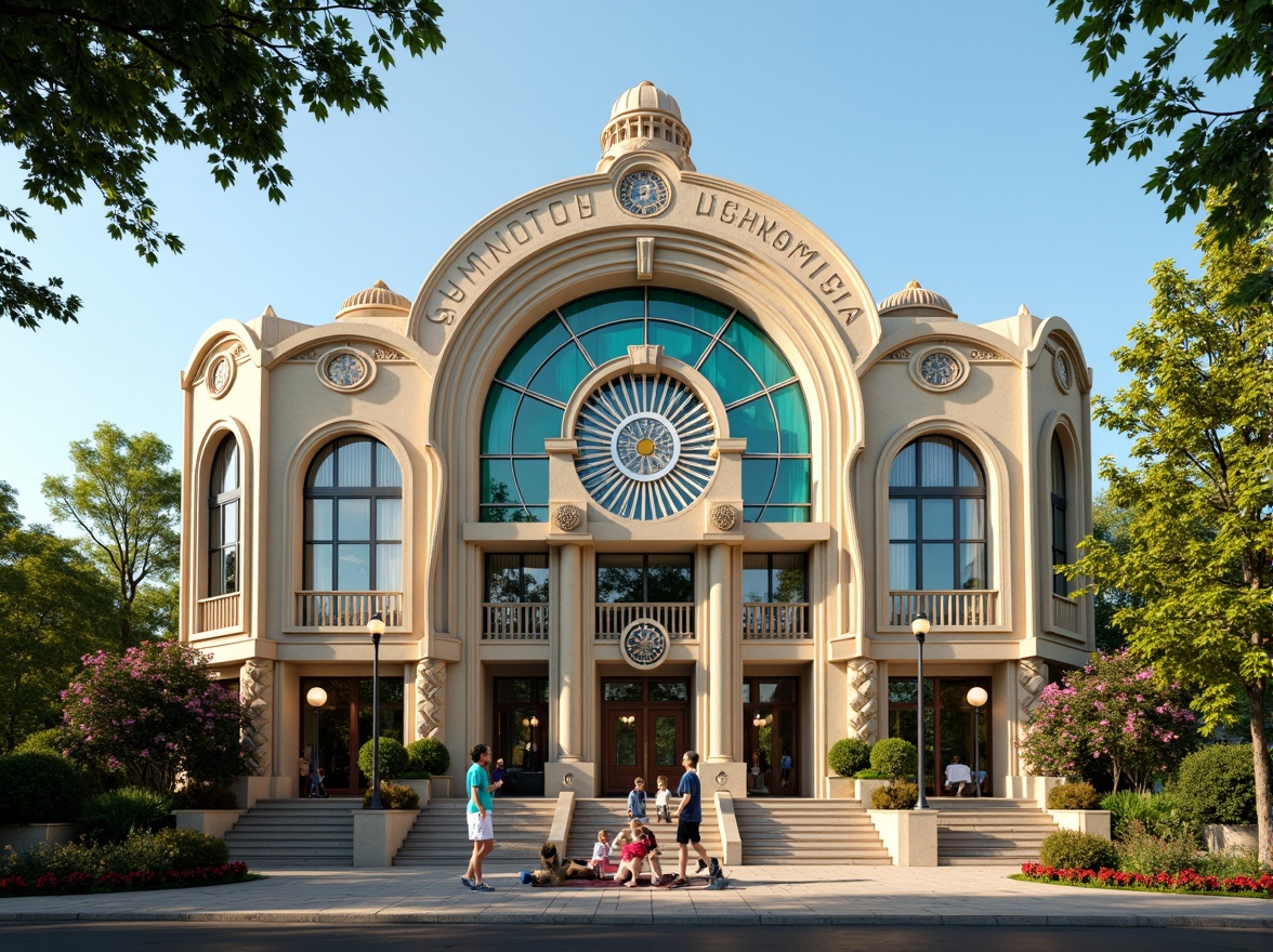 Prompt: Intricate Gymnasium facade, ornate Art Nouveau details, sinuous lines, flowing curves, organic forms, vibrant turquoise accents, elegant stonework, grand entrance archways, decorative metalwork, stained glass windows, intricate mosaics, lush greenery, blooming flowers, sunny day, soft warm lighting, shallow depth of field, 3/4 composition, realistic textures, ambient occlusion.