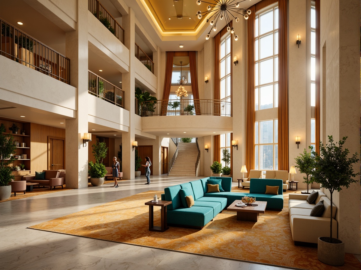 Prompt: Luxurious hotel lobby, rich velvet fabrics, warm golden lighting, marble floors, sleek modern furniture, vibrant turquoise accents, soft cream walls, plush area rugs, elegant chandeliers, lavish flower arrangements, natural stone columns, grand staircases, sophisticated neutral tones, warm beige textures, ambient soft glow, shallow depth of field, 1/1 composition, realistic reflections, detailed architectural details.