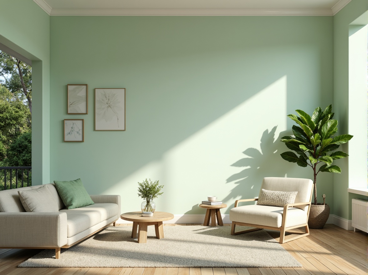 Prompt: Soft mint walls, pale sage furniture, creamy ivory accents, warm beige flooring, lush greenery, natural wood tones, delicate florals, subtle texture overlays, morning dew atmosphere, gentle misty lighting, shallow depth of field, 1/1 composition, intimate portrait view, realistic fabric simulations.