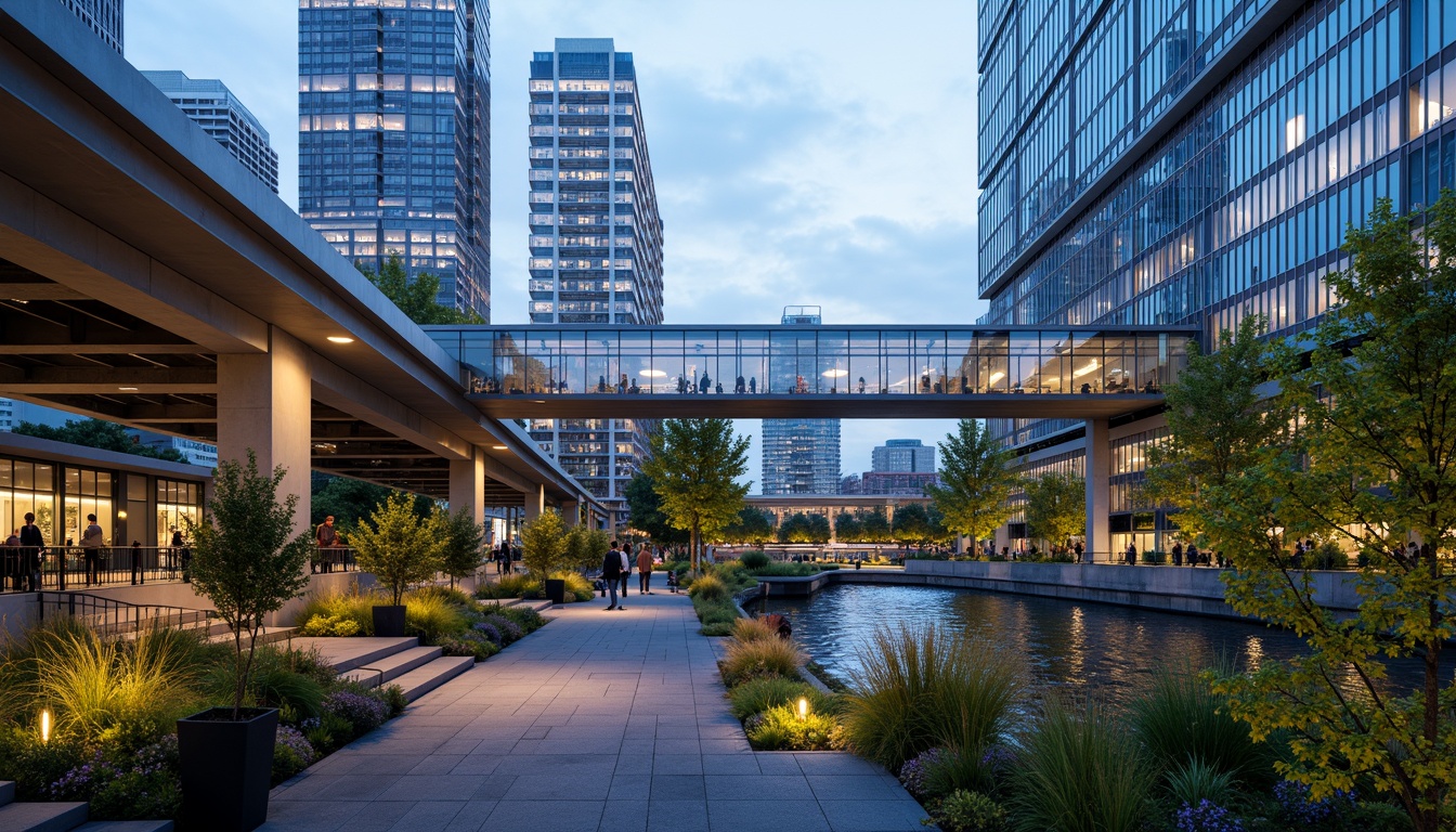 Prompt: Urban skyline, modern pedestrian bridges, sleek steel structures, futuristic design, vibrant city lights, bustling streets, walking paths, green roofs, urban gardens, water features, natural stone walls, stairs and railings, dynamic lighting effects, 3/4 composition, shallow depth of field, panoramic view, realistic textures, ambient occlusion.