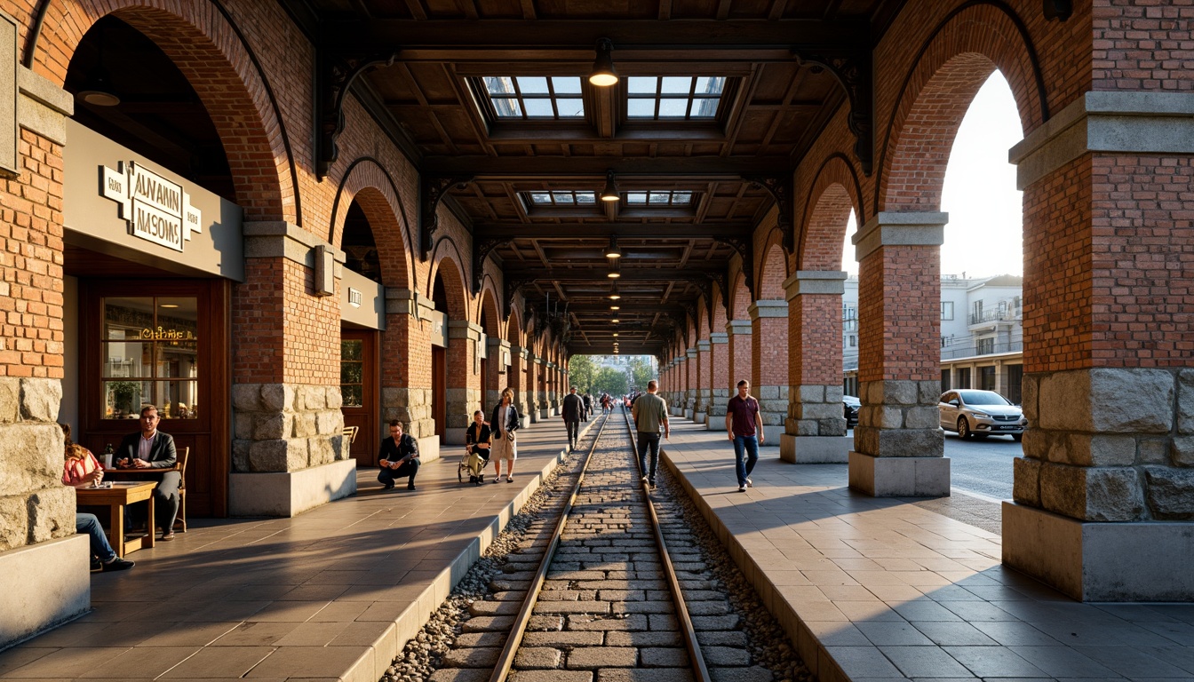 Prompt: Rustic tram station, brick arches, stone walls, ornate metalwork, vintage signage, industrial chic, urban landscape, busy streets, morning commute, soft warm lighting, shallow depth of field, 3/4 composition, panoramic view, realistic textures, ambient occlusion, rough-hewn stones, reclaimed wood accents, distressed finishes, earthy color palette, natural materials, sustainable building practices.