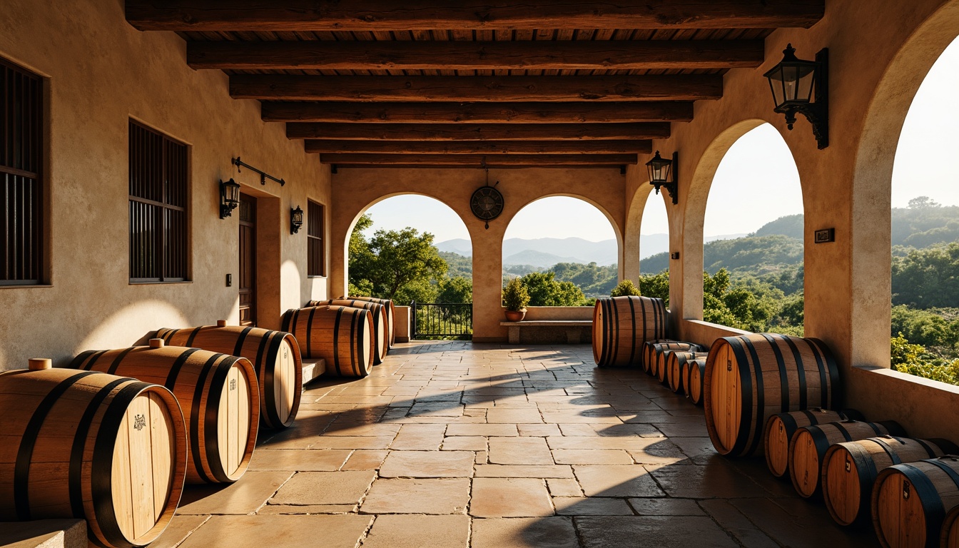 Prompt: Rustic winery, wooden barrels, vintage wine-making equipment, earthy tone walls, stone flooring, arched windows, wooden beam ceilings, industrial metal doors, natural stone facades, rolling vineyards, sunny afternoon, warm golden lighting, shallow depth of field, 1/2 composition, symmetrical architecture, realistic textures, ambient occlusion.