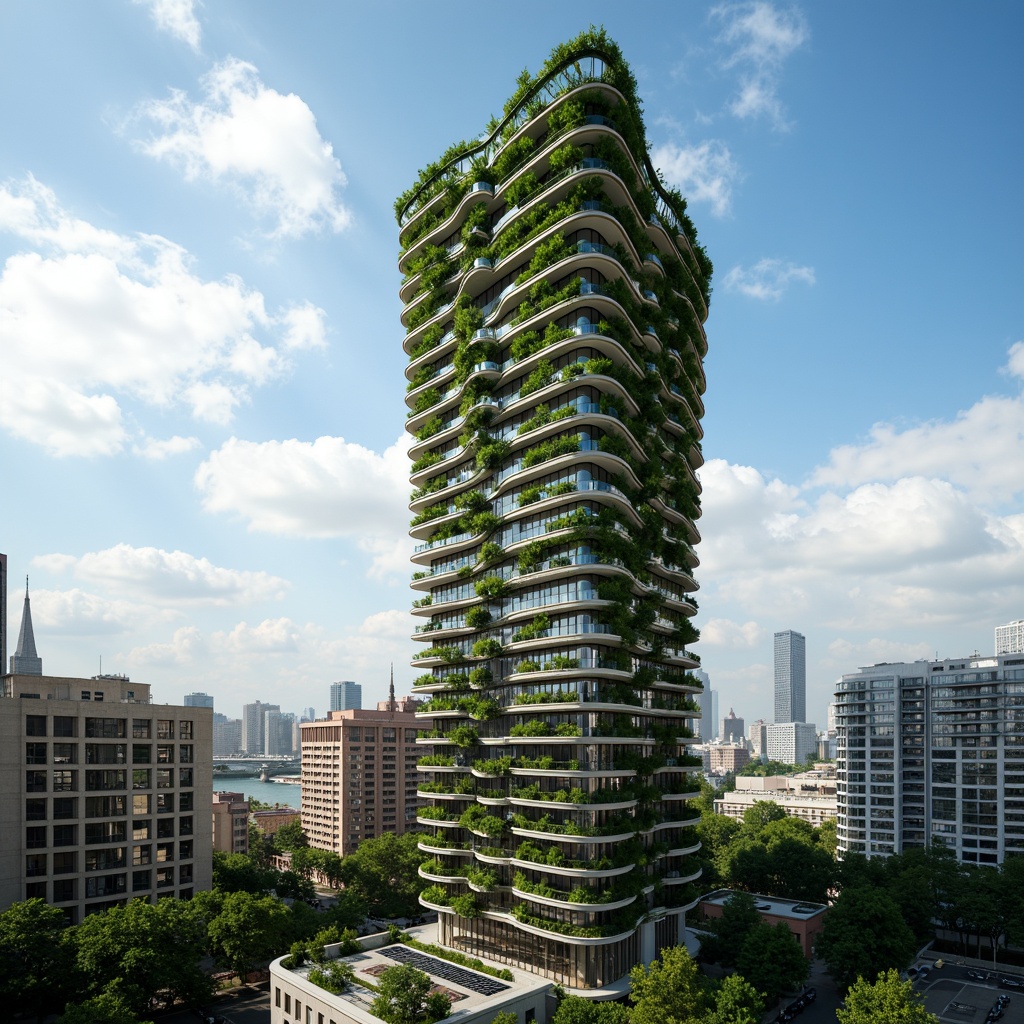 Prompt: Eco-friendly skyscraper, organic curves, lush green walls, living roofs, solar panels, wind turbines, rainwater harvesting systems, recycled materials, natural ventilation, maximized daylight, minimal carbon footprint, futuristic design, sleek lines, curved shapes, vibrant colors, urban jungle, bustling cityscape, blue skies, fluffy white clouds, dramatic lighting, high contrast, 1/2 composition, atmospheric perspective, cinematic mood.