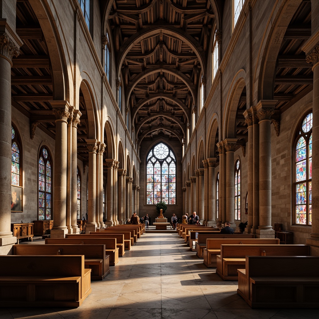 Prompt: Majestic Romanesque church, grand arched entrance, rustic stone walls, vibrant stained glass windows, intricate vaulted ceilings, ornate capitals, imposing pillars, serene nave, peaceful ambiance, soft warm lighting, subtle shadows, 1/2 composition, symmetrical framing, rich textures, ambient occlusion.