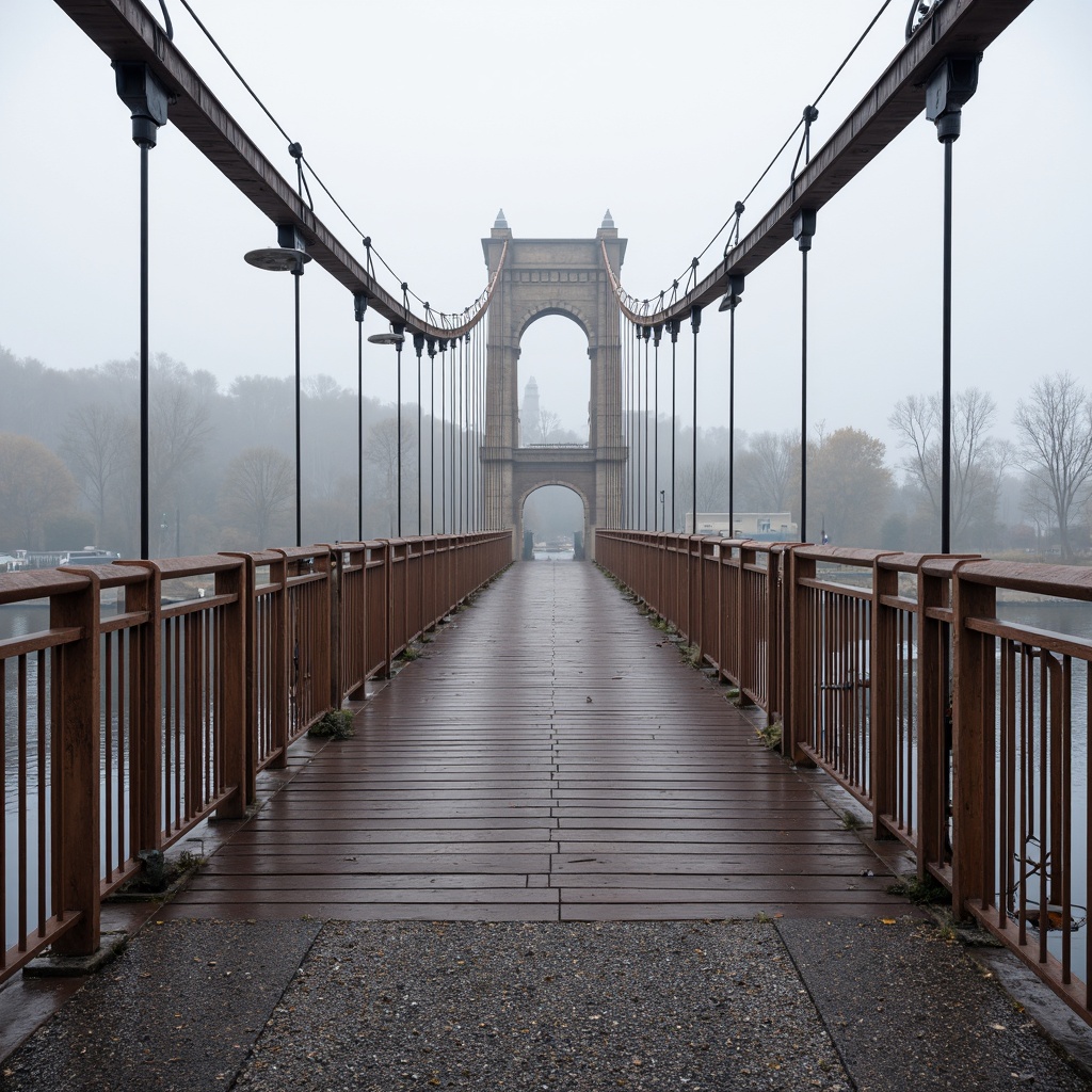 Prompt: Rustic steel bridges, weathered wooden decks, ornate iron railings, reinforced concrete piers, majestic stone arches, suspension cables, modern cable-stayed design, sleek aluminum cladding, durable epoxy coatings, textured aggregate sidewalks, scenic river views, misty morning atmosphere, soft diffused lighting, 1/1 composition, realistic metallic reflections, ambient occlusion.