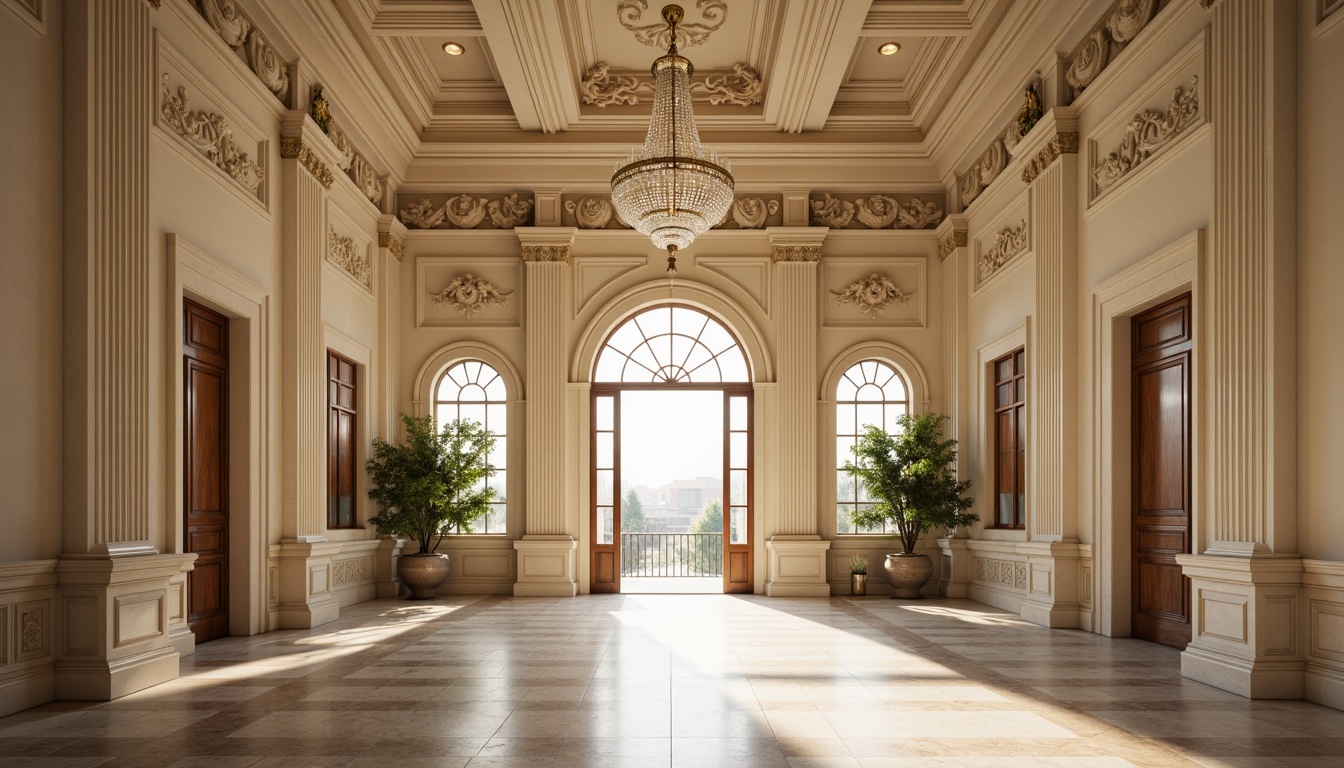 Prompt: Grandiose office building, neoclassical facade, ornate columns, carved stone details, symmetrical composition, elegant archways, intricate moldings, cream-colored stucco walls, bronze door handles, polished marble floors, crystal chandeliers, high ceilings, natural light pouring in, soft warm glow, shallow depth of field, 1/1 composition, realistic textures, ambient occlusion.