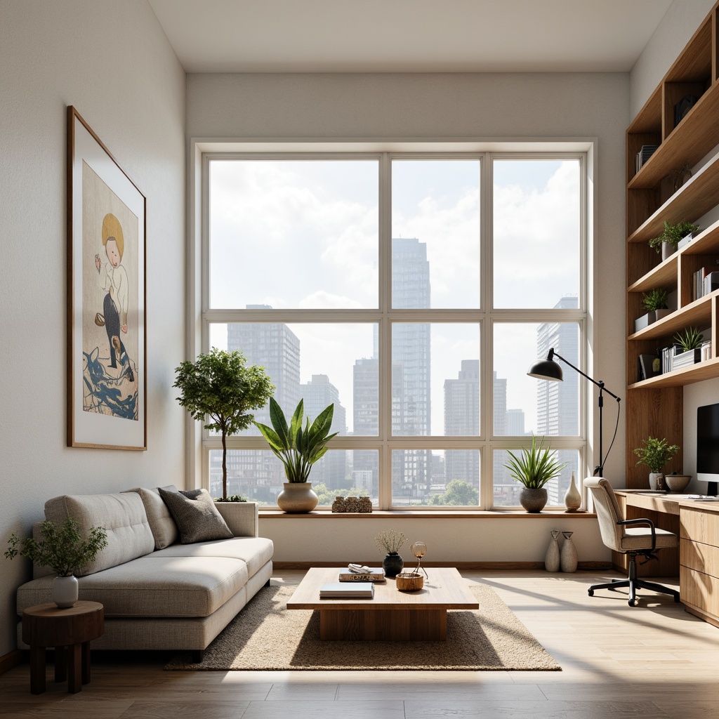 Prompt: Minimalist living room, comfortable sofa, wooden coffee table, floor lamps, soft cushions, calm color palette, natural textiles, airy atmosphere, large windows, urban city view, 1/1 composition, softbox lighting, subtle shading, realistic furniture, decorative plants, elegant vases, abstract artwork, cozy reading nook, functional shelving units, ergonomic desk chair, organized workspace.