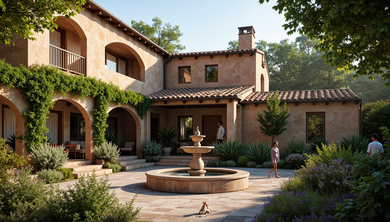 Prompt: Rustic Romanesque house, rounded arched windows, ornate stone carvings, earthy brown stucco walls, clay roof tiles, lush green vines, blooming flowers, tranquil courtyard, peaceful fountain, natural stone pathways, warm sunny day, soft diffused lighting, 1/1 composition, intimate framing, rich textures, atmospheric rendering.