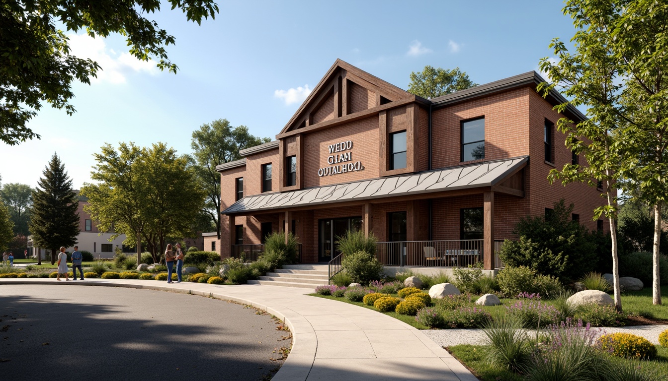 Prompt: Rustic high school building, earthy brown brick facade, weathered wood accents, corrugated metal roofing, industrial-style signage, decorative trusses, natural stone foundations, lush greenery surroundings, vibrant flowering plants, sunny afternoon, soft warm lighting, shallow depth of field, 3/4 composition, panoramic view, realistic textures, ambient occlusion.