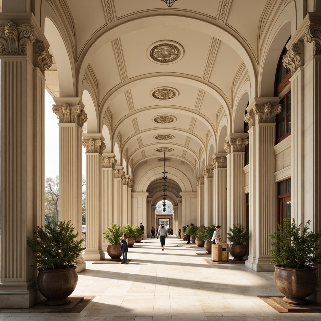 Prompt: Elegant banking hall, grandiose columns, ornate capitals, intricately carved details, polished marble floors, creamy white walls, high ceilings, symmetrical composition, dramatic lighting, warm beige tones, subtle arches, refined moldings, ornamental metalwork, lavish chandeliers, stately atmosphere, shallow depth of field, 2/3 composition, realistic textures, ambient occlusion.