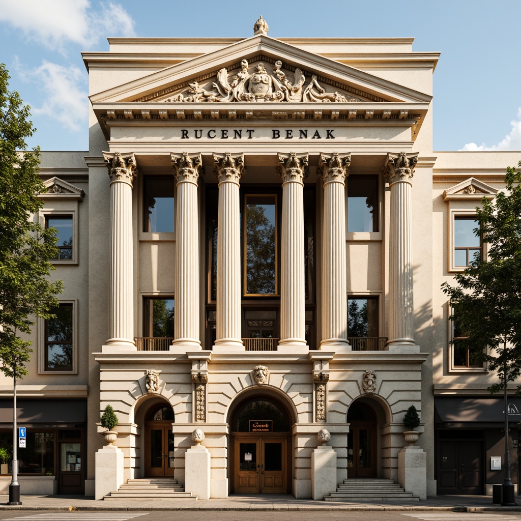 Prompt: Grandiose bank building, neoclassical facade treatment, ornate Corinthian columns, intricately carved stone details, symmetrical composition, rusticated base, grand entrance archway, bronze door handles, ornate metalwork, granite cladding, cream-colored stonework, subtle cornice lines, classical pediment, majestic clock tower, sunny day, warm golden lighting, shallow depth of field, 2/3 composition, realistic textures, ambient occlusion.