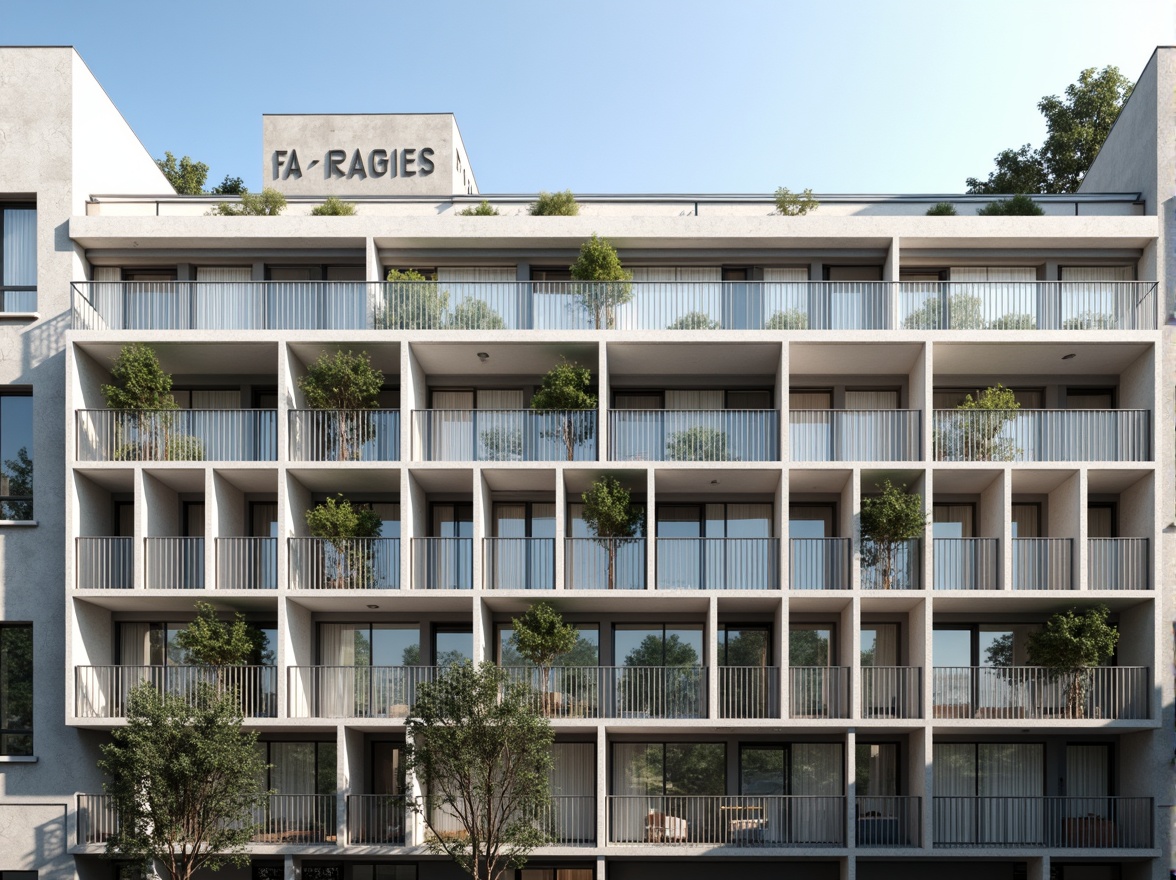 Prompt: Geometric dormitory facade, monochromatic color scheme, rectangular windows, flat roofs, cantilevered balconies, industrial metal railings, minimalist ornamentation, functional simplicity, clean lines, rectangular forms, bold typography, urban cityscape, morning sunlight, high contrast shadows, 1/1 composition, symmetrical framing, dramatic highlights, realistic materials, subtle ambient occlusion.