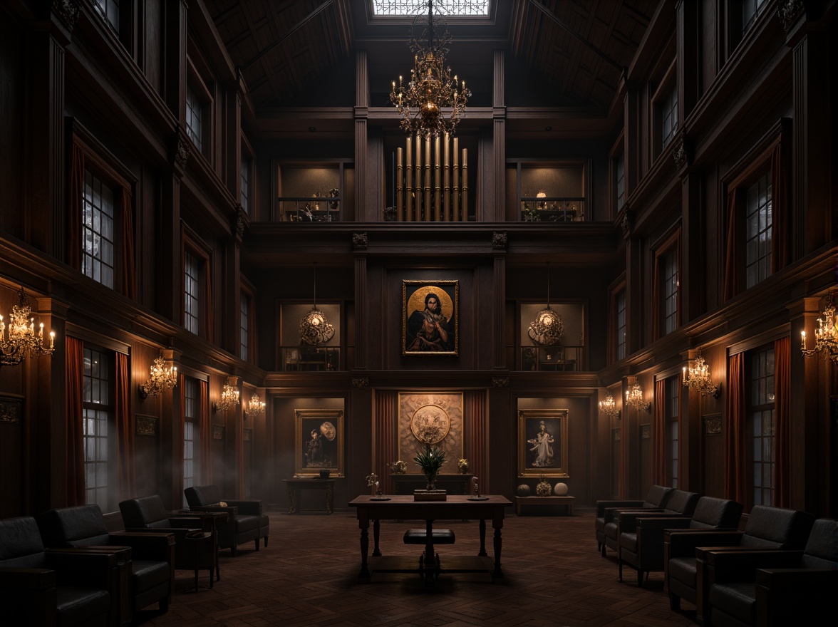 Prompt: Dark-stained wooden paneling, high ceilings, grand chandeliers, ornate furnishings, mystical symbols, lavish drapery, stained glass windows, intricate stone carvings, mysterious ambiance, dim warm lighting, atmospheric fog, 1/1 composition, cinematic view, realistic textures, ambient occlusion.