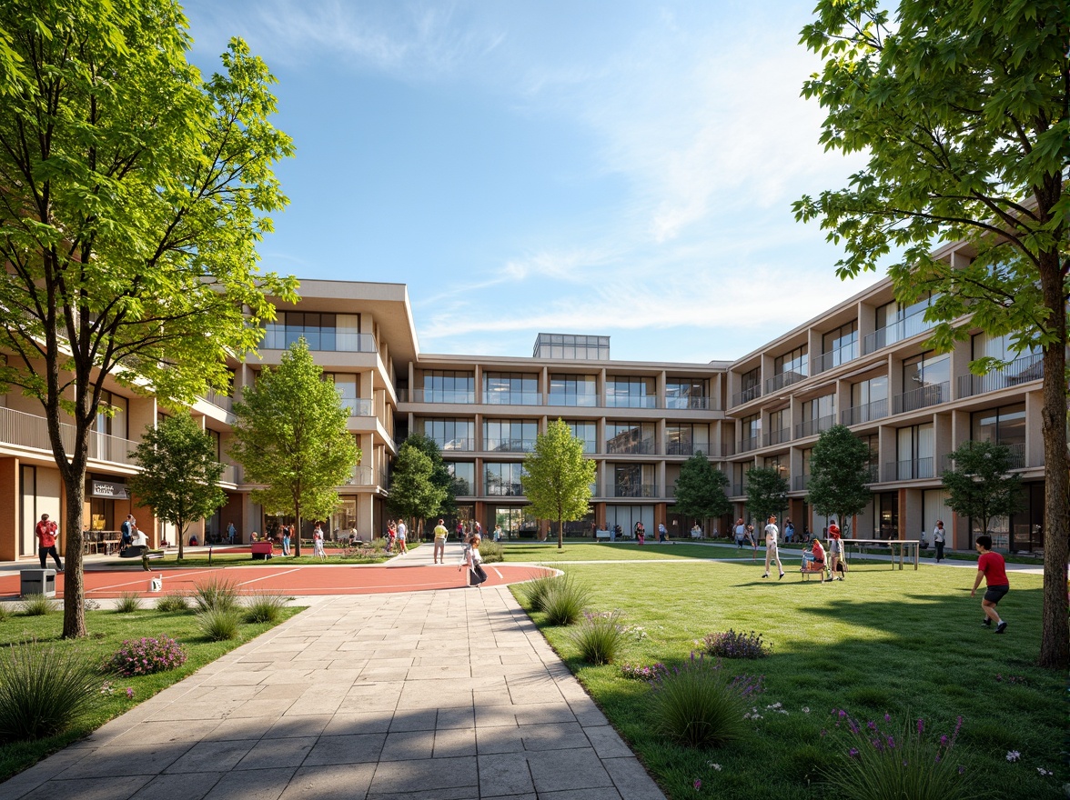 Prompt: Vibrant gymnasium courtyard, lush greenery, outdoor exercise stations, sports equipment, basketball courts, tennis tables, running tracks, athletic fields, natural stone walkways, modern architecture, large windows, sliding glass doors, abundant natural light, warm sunny day, soft diffused lighting, shallow depth of field, 3/4 composition, panoramic view, realistic textures, ambient occlusion.