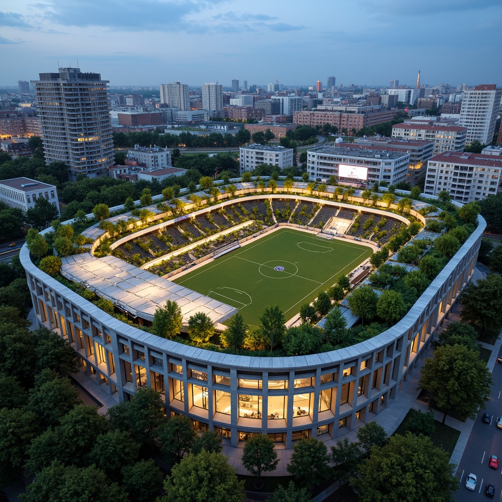 Prompt: \Panoramic stadium design, lush green roofs, cascading vines, natural stone fa\u00e7ade, sleek curved lines, modern architecture, vibrant LED lighting, bustling urban surroundings, cityscape views, open-air seating areas, cantilevered canopies, structural trees, organic shapes, innovative drainage systems, eco-friendly materials, sustainable energy solutions, solar-powered scoreboards, misting systems, dynamic shading devices, futuristic amenities, luxury suites, VIP lounges, panoramic glass windows, shallow depth of field, 3/4 composition, realistic textures, ambient occlusion.\