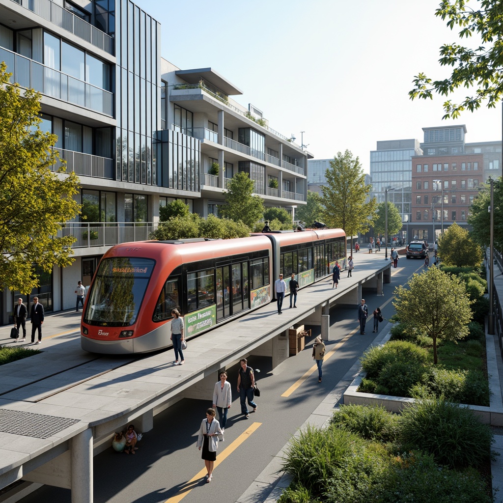 Prompt: Eco-friendly tram station, green roofs, solar panels, rainwater harvesting systems, natural ventilation, large windows, transparent glass facades, minimalist design, recyclable materials, energy-efficient lighting, organic curves, modern architecture, urban landscape, busy streets, pedestrian paths, cyclist routes, public art installations, dynamic lighting effects, 1/1 composition, shallow depth of field, panoramic view, realistic textures, ambient occlusion.