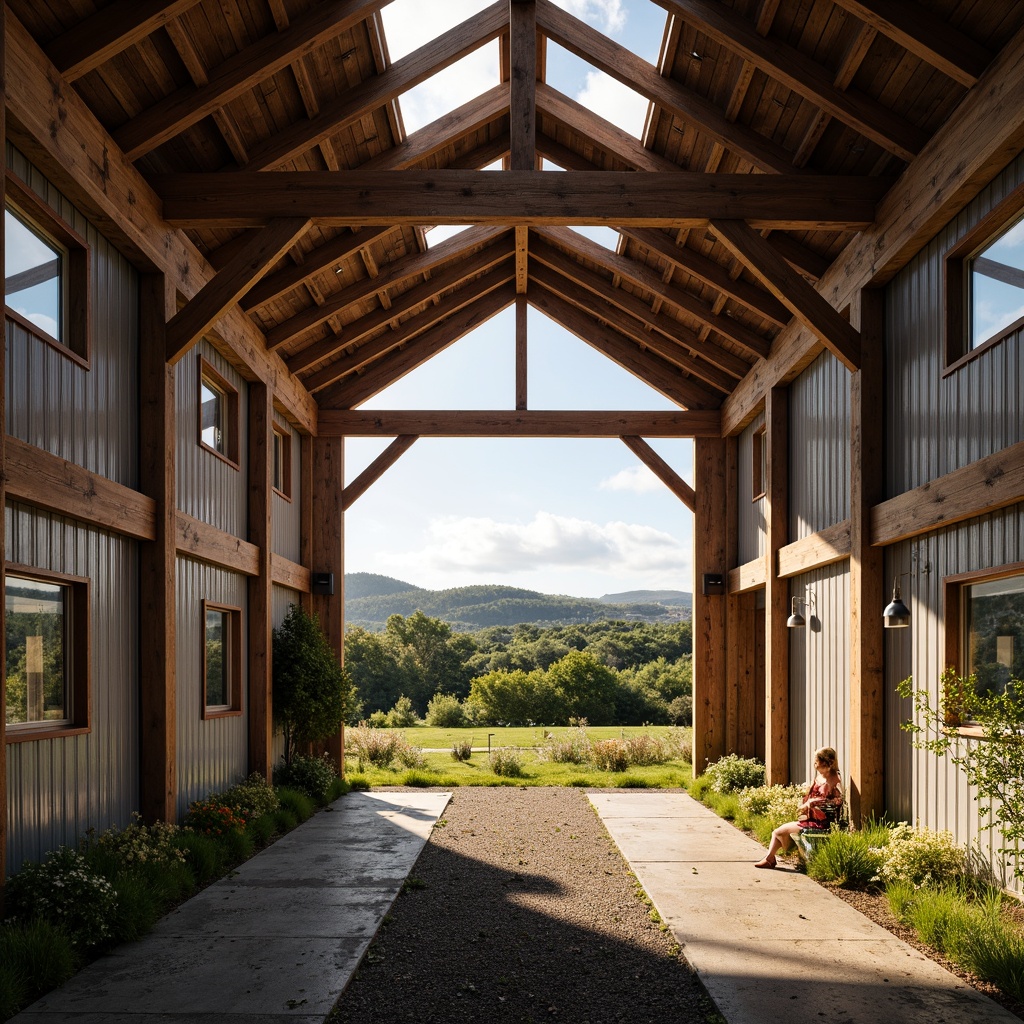 Prompt: Rustic barn, wooden beams, earthy tones, natural light pouring in, clerestory windows, skylights, exposed ductwork, industrial chic, distressed textures, reclaimed wood accents, metal roofing, corrugated metal walls, rural landscape, rolling hills, green pastures, wildflowers, sunny day, warm ambient lighting, high contrast, shallow depth of field, 1/2 composition, symmetrical framing, realistic weathering effects.