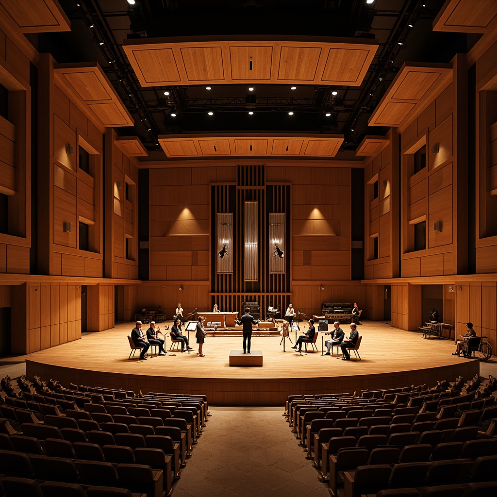 Prompt: Luxurious concert hall, elegant wooden flooring, sound-absorbing panels, precise speaker placement, optimal reverberation time, high-ceiling design, minimal echo chamber, acoustic glass windows, noise-reducing curtains, plush audience seating, sophisticated sound system, state-of-the-art audio equipment, warm intimate ambiance, soft dim lighting, 3/4 composition, shallow depth of field, realistic textures.