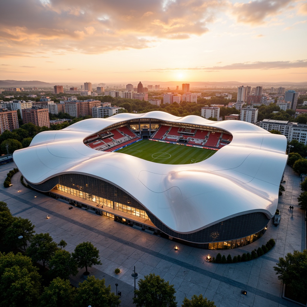 Prompt: Undulating curvaceous soccer stadium, sleek white exterior, iridescent fa\u00e7ade, fluid blob-like structures, organic shapes, dynamic arches, sweeping curves, futuristic architecture, cantilevered roofs, LED light installations, vibrant color schemes, polished metal surfaces, atmospheric misting systems, lush green roofscapes, panoramic city views, dramatic sunsets, warm golden lighting, shallow depth of field, 2.5D composition, cinematic camera angles, realistic renderings, ambient occlusion.