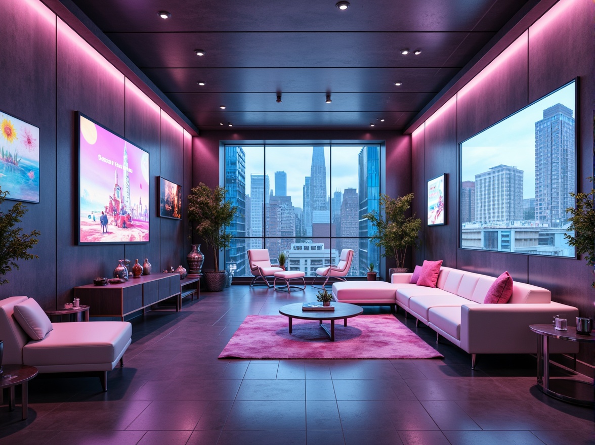 Prompt: Futuristic apartment, neon-lit cityscape, sleek metallic surfaces, iridescent glass walls, holographic advertisements, levitating furniture, virtual reality interfaces, ambient LED lighting, pastel-colored accents, minimalist decor, high-tech gadgetry, polished chrome fixtures, geometric patterns, cyberpunk-inspired art pieces, atmospheric misting systems, panoramic views of urban skyscrapers, 3/4 composition, shallow depth of field, realistic textures, ambient occlusion.