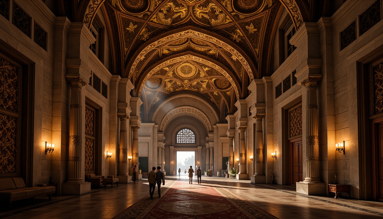 Prompt: Intricate archways, ornate carvings, golden mosaics, vaulted ceilings, grand entranceways, imposing stone columns, richly patterned textiles, warm candlelight, atmospheric ambiance, mysterious shadows, high contrast lighting, dramatic depth of field, 2/3 composition, symmetrical framing, ornamental details, luxurious materials.