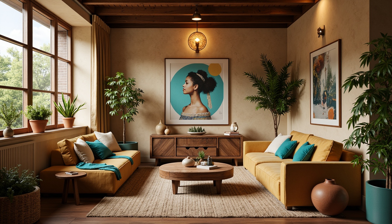 Prompt: Inspired interior space, warm beige walls, rich walnut wood furniture, plush velvet sofas, vibrant turquoise accents, golden metallic lighting fixtures, eclectic bohemian decor, abstract artwork, natural woven fibers, earthy terracotta pots, lush greenery, atmospheric warm glow, shallow depth of field, 1/1 composition, soft focus, realistic textures.