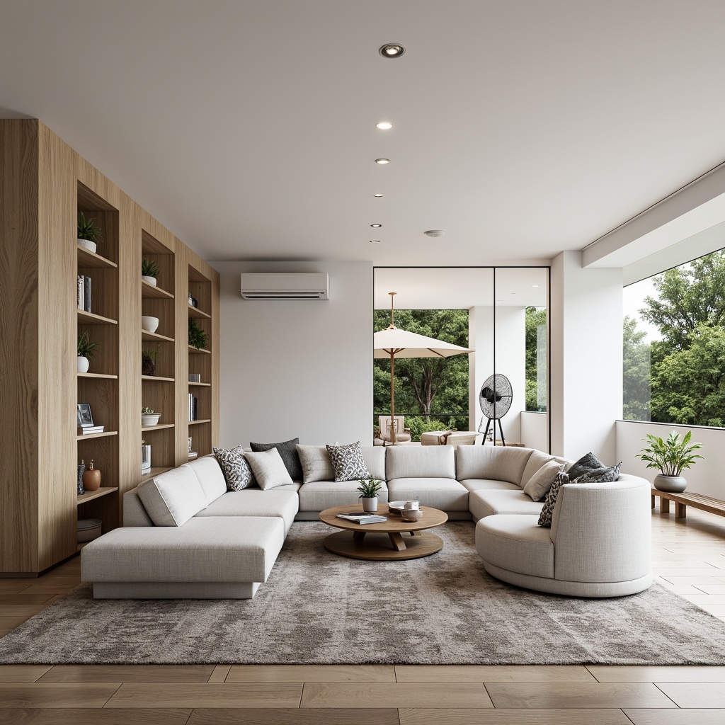 Prompt: Modern minimalist living room, sleek low-profile furniture, spacious open-plan layout, floor-to-ceiling windows, natural light-filled interior, soft neutral color palette, textured rugs, geometric-patterned throw pillows, built-in shelving units, concealed storage compartments, multifunctional modular sofas, swivel chairs, ambient LED lighting, 1/1 composition, shallow depth of field, realistic textures.