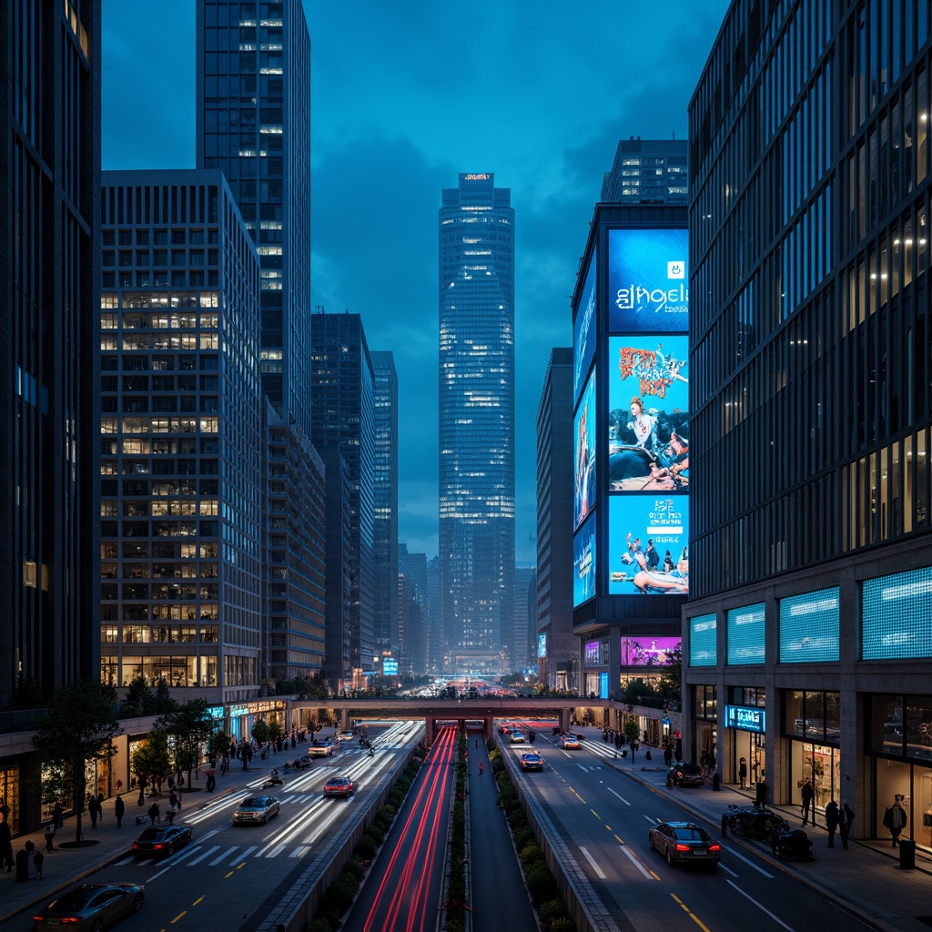 Prompt: Neon-lit cityscape, dark gray skyscrapers, holographic advertisements, futuristic highway systems, sleek metallic surfaces, luminescent blue accents, high-tech gadgetry, cinematic lens flares, atmospheric fog effects, dramatic lighting contrasts, 2.35