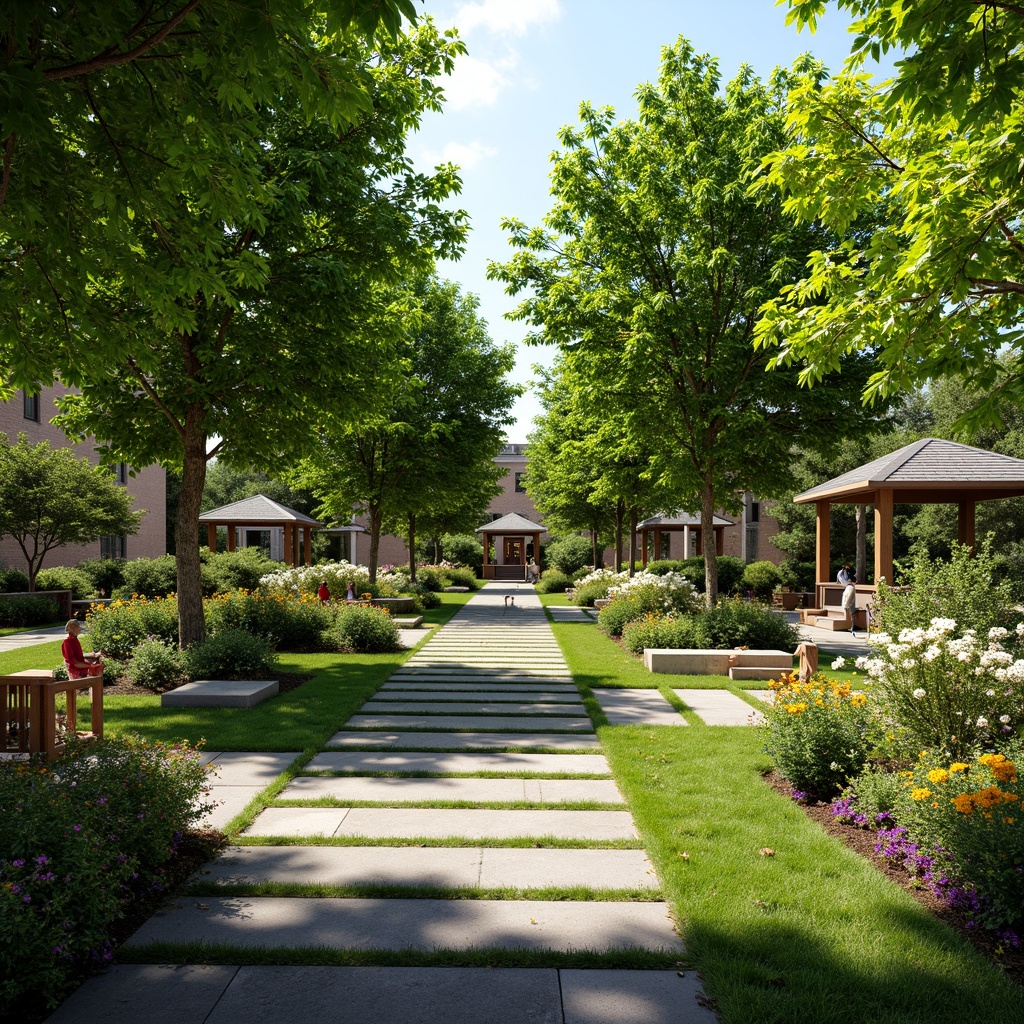 Prompt: Lush greenery, vibrant flowers, manicured lawns, meandering pathways, natural stone walkways, wooden benches, ornate fountains, rustic gazebos, blooming trees, sunny day, soft warm lighting, shallow depth of field, 3/4 composition, panoramic view, realistic textures, ambient occlusion.