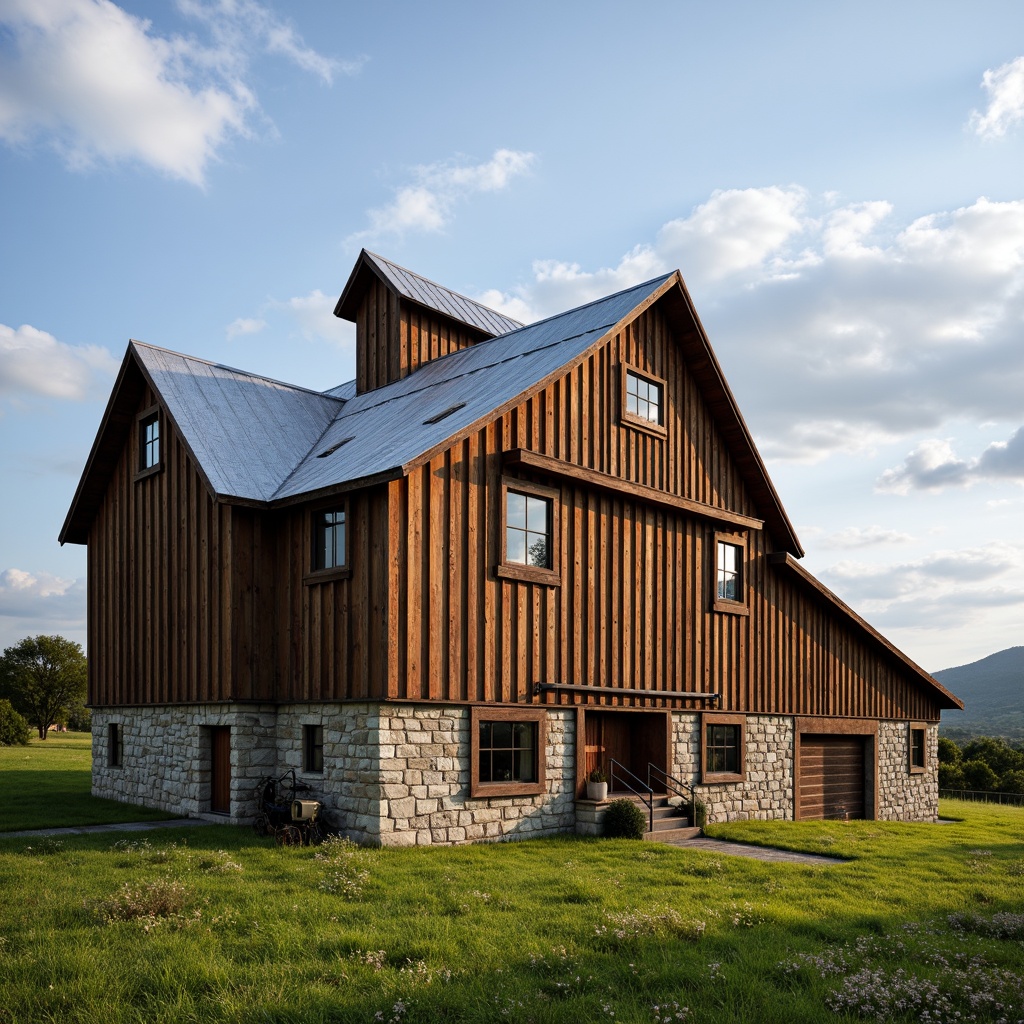 Prompt: Rustic barn, wooden planks, distressed finishes, metal accents, vintage farm equipment, hayloft windows, natural stone foundation, earthy color palette, weathered wood textures, corrugated metal roofs, sliding barn doors, rural landscape, rolling hills, green pastures, cloudy blue sky, warm soft lighting, shallow depth of field, 2/3 composition, realistic textures, ambient occlusion.Please let me know if this meets your expectations!