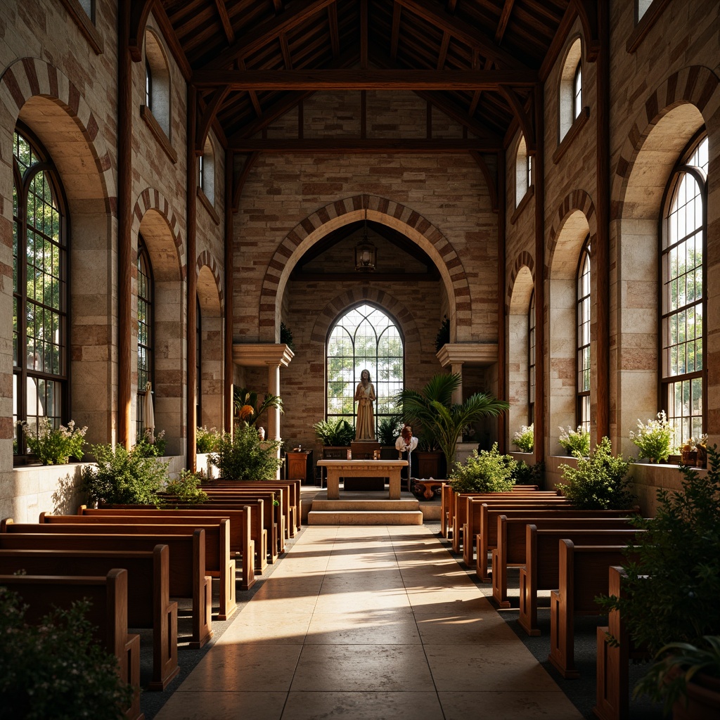 Prompt: Rustic church facade, wooden doorways, stone walls, stained glass windows, ornate pews, vaulted ceilings, grand altarpieces, intricate carvings, holy statues, prayer candles, incense burners, soft warm lighting, shallow depth of field, 1/2 composition, atmospheric perspective, realistic textures, ambient occlusion, natural surroundings, lush greenery, blooming flowers, serene atmosphere, peaceful ambiance.