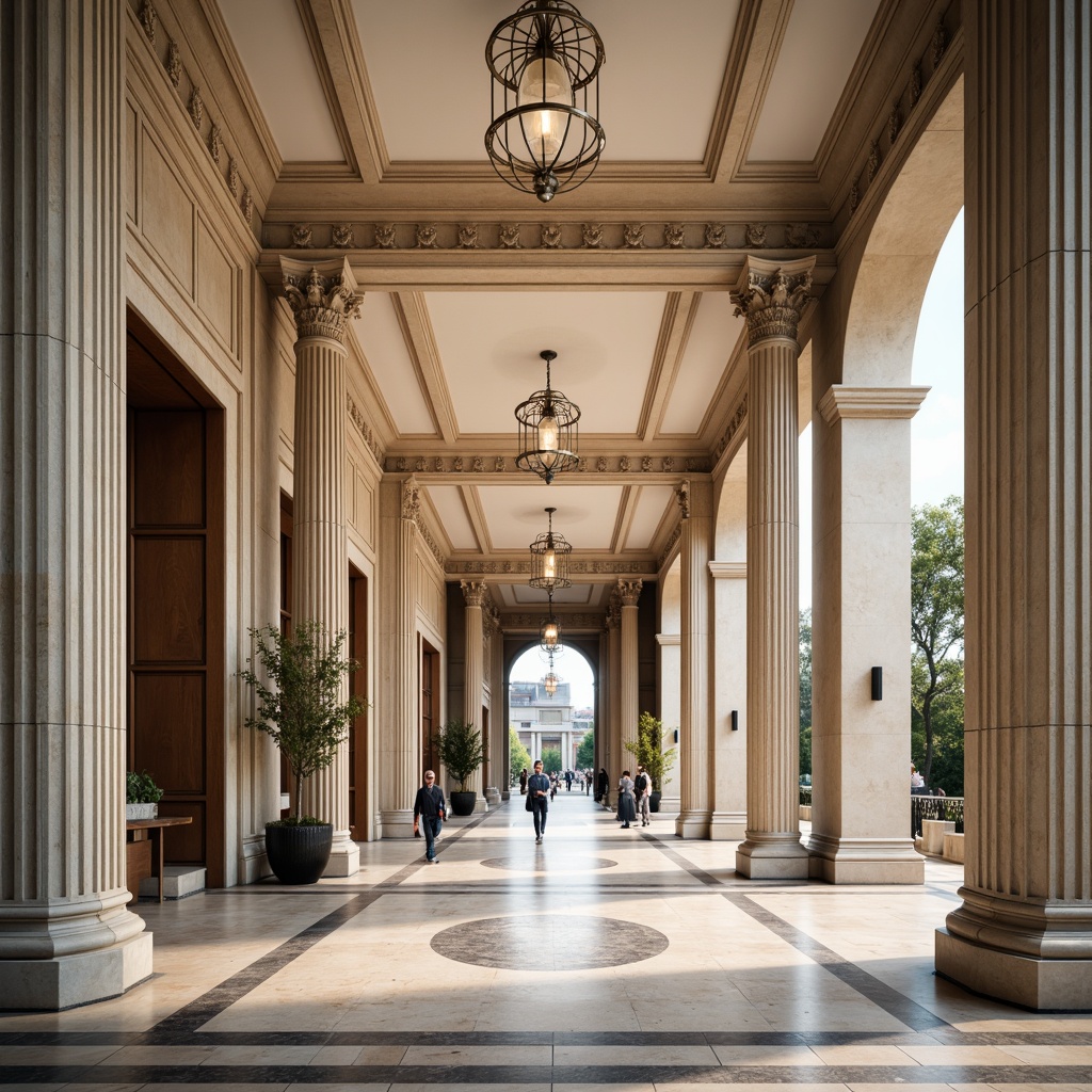 Prompt: Elegant neoclassical architecture, ornate columns, carved marble details, symmetrical facades, grand entrance halls, high ceilings, intricate moldings, soft warm beige tones, creamy whites, rich gold accents, deep blues, subtle grays, natural stone textures, ornate chandeliers, sophisticated ambient lighting, shallow depth of field, 1/1 composition, realistic renderings, atmospheric perspective.