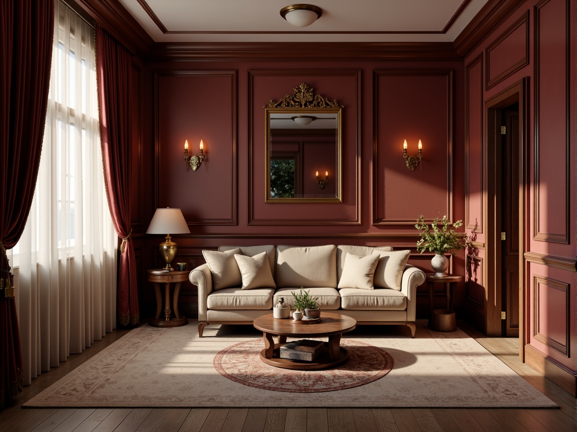 Prompt: Rich maroon walls, warm beige accents, soft cream textures, earthy brown furniture, dark walnut wood tones, subtle golden lighting, elegant ornate details, classic traditional architecture, sophisticated interior design, cozy intimate atmosphere, shallow depth of field, 1/2 composition, realistic renderings, ambient occlusion.