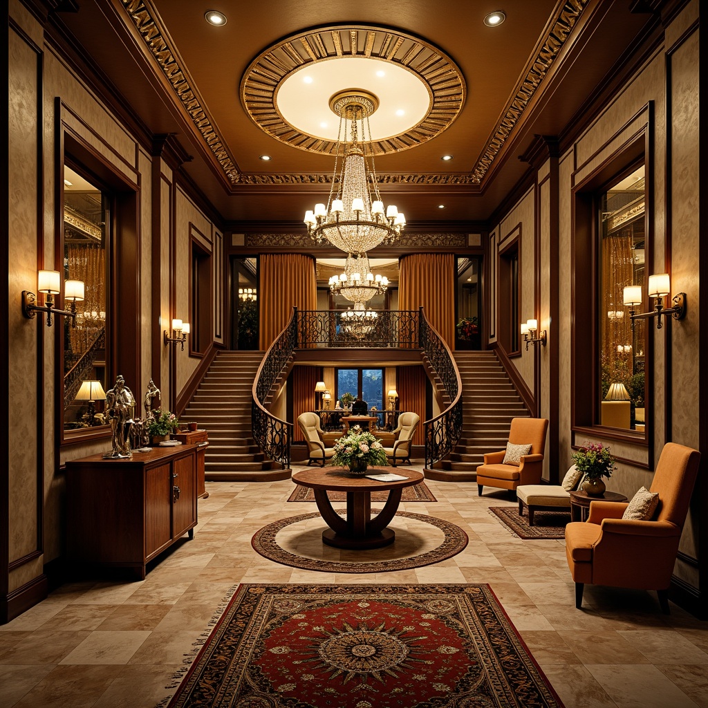 Prompt: Luxurious Art Deco mansion, opulent chandeliers, intricately patterned rugs, ornate metalwork, lavish marble floors, grand staircases, ornamental mirrors, sophisticated geometric motifs, richly upholstered furniture, velvet drapes, crystal door handles, gilded accents, exquisite moldings, dramatic ceiling designs, warm golden lighting, shallow depth of field, 1/1 composition, realistic textures, ambient occlusion.