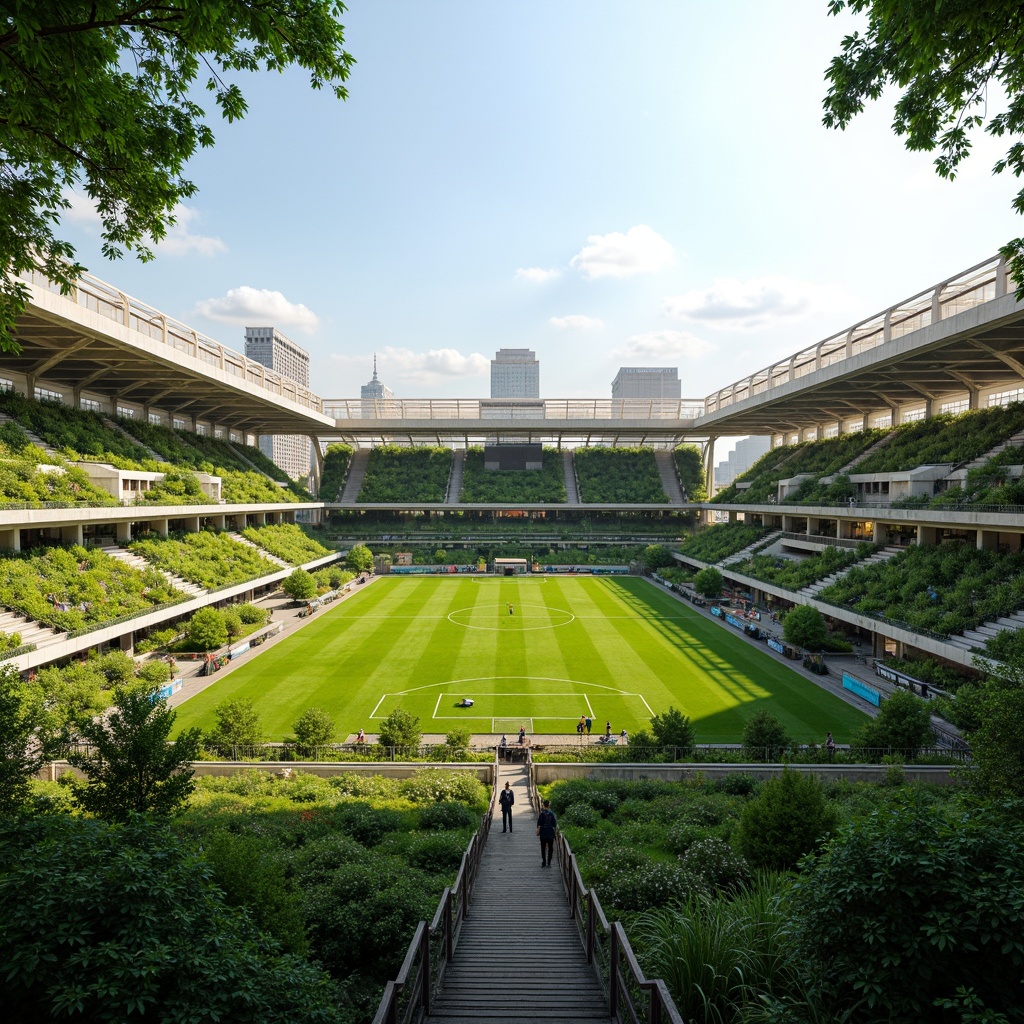 Prompt: Eco-friendly stadium, lush green roof, solar panels, wind turbines, rainwater harvesting systems, recycled building materials, natural ventilation systems, large windows, abundant daylight, minimal artificial lighting, energy-efficient LED lights, organic food stands, composting facilities, recycling stations, bamboo seating areas, low-carbon concrete structures, grass-covered exterior walls, living walls, urban agriculture integration, green architecture, modern minimalist design, cantilevered roofs, open-air concourses, panoramic city views, warm sunny day, soft natural lighting, shallow depth of field, 3/4 composition.