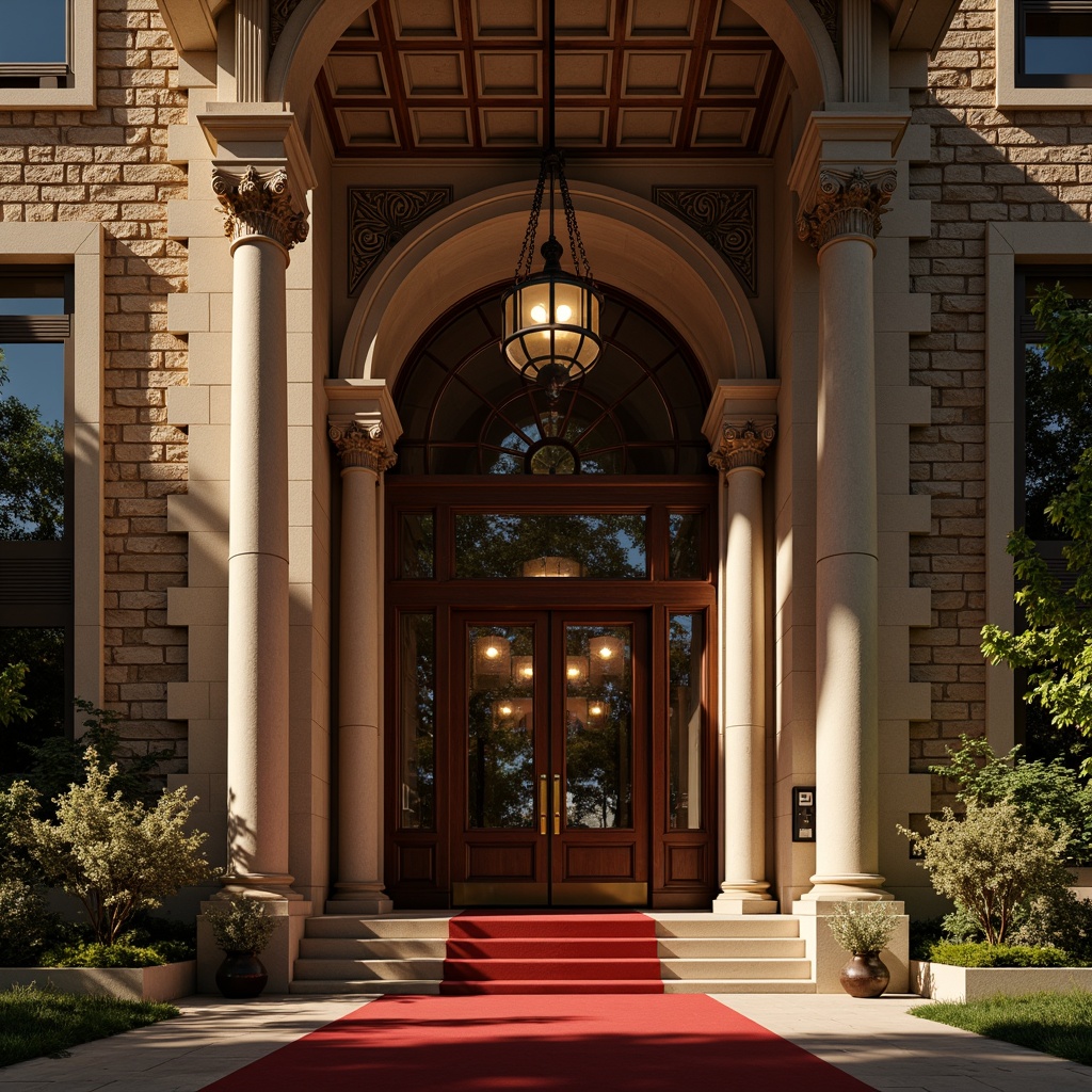 Prompt: Grandiose academic building facade, ornate columns, arches, rusticated stone walls, symmetrical composition, classical pediments, intricate stonework carvings, cinematic lighting effects, warm golden hour ambiance, dramatic shadows, subtle depth of field, 1/2 composition, realistic textures, ambient occlusion, elegant entrance doors, bronze door handles, rich wood accents, vibrant red carpeting, ornate chandeliers, sophisticated interior design elements.