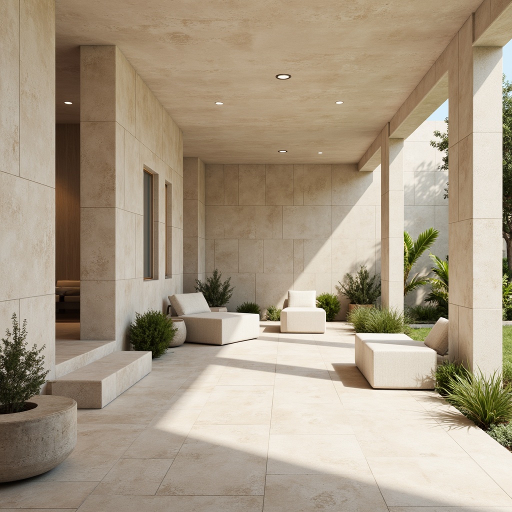 Prompt: Soft beige limestone walls, creamy white marble accents, weathered stone textures, minimalist furnishings, sparse greenery, natural light pouring in, airy open spaces, calm atmosphere, warm neutral tones, earthy color palette, soft shadows, 1/1 composition, realistic renderings, ambient occlusion.