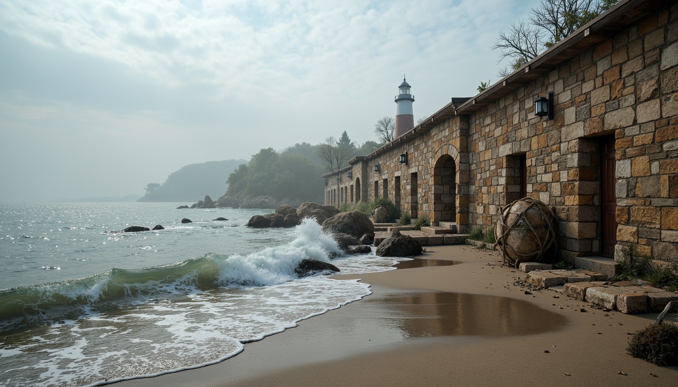 Prompt: Weathered stone masonry, rugged coastal walls, sea-salt eroded brick facades, crashing waves, ocean spray, sandy beaches, driftwood accents, nautical rope details, distressed wooden docks, lighthouses, foghorns, seagulls, misty atmosphere, soft warm lighting, high contrast, 1/1 composition, symmetrical framing, realistic textures, ambient occlusion.