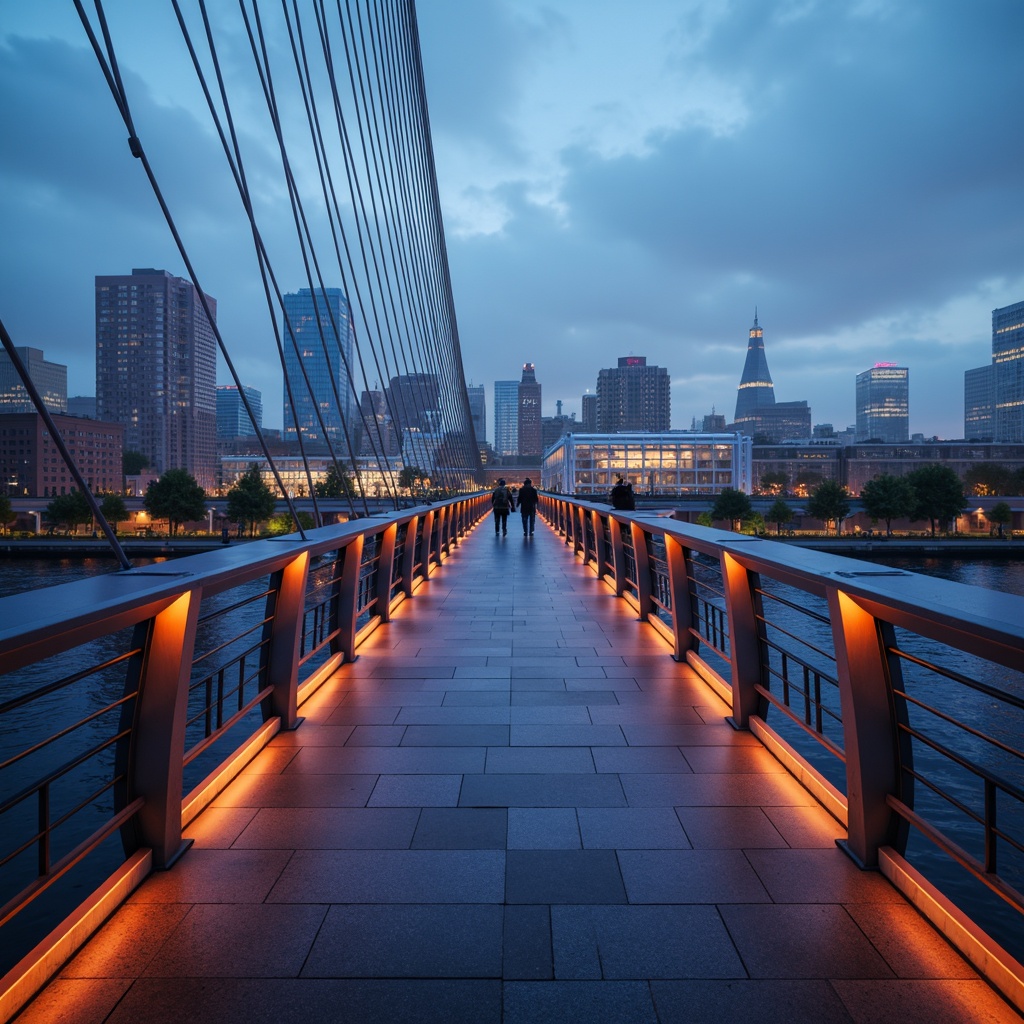 Prompt: Pedestrian bridge, futuristic LED lights, dynamic color-changing effects, sleek metal railings, suspension cables, urban cityscape, evening atmosphere, soft warm glow, shallow depth of field, 3/4 composition, panoramic view, realistic textures, ambient occlusion, modern architectural design, geometric shapes, minimalist aesthetic, eco-friendly materials, energy-efficient solutions, misty foggy weather, vibrant city lights reflection, rippling water effects.