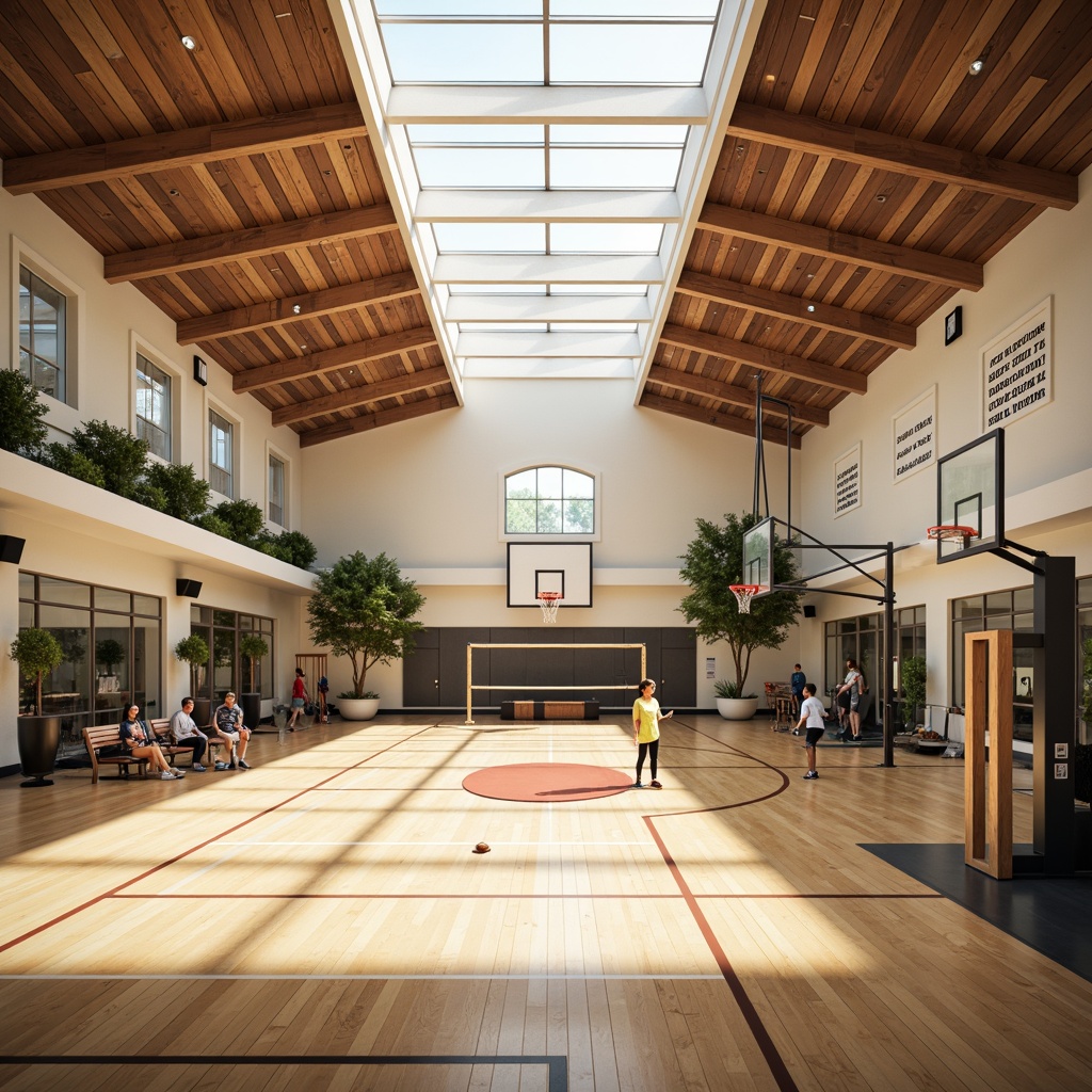 Prompt: Brightly lit gymnasium, high ceilings, clerestory windows, natural ventilation, wooden flooring, athletic equipment, basketball hoops, volleyball nets, exercise machines, free weights, mirrored walls, motivational quotes, green plants, soft warm lighting, indirect daylight, shallow depth of field, 1/1 composition, realistic textures, ambient occlusion.