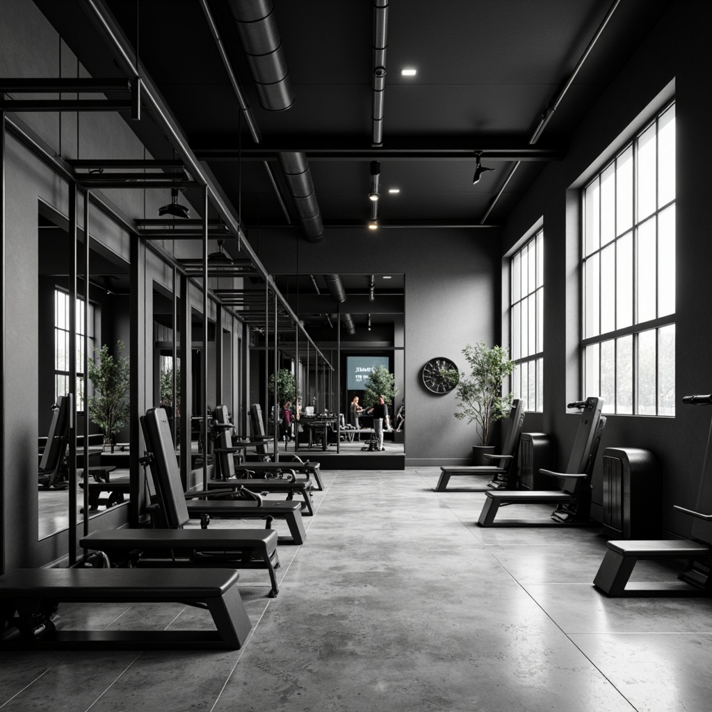 Prompt: Monochromatic gym interior, sleek metallic equipment, matte black machinery, polished concrete floors, industrial-chic lighting fixtures, minimalistic decor, neutral color scheme, calming ambiance, soft natural light, subtle gradient textures, 3/4 composition, shallow depth of field, realistic reflections, ambient occlusion.Let me know if this meets your expectations!