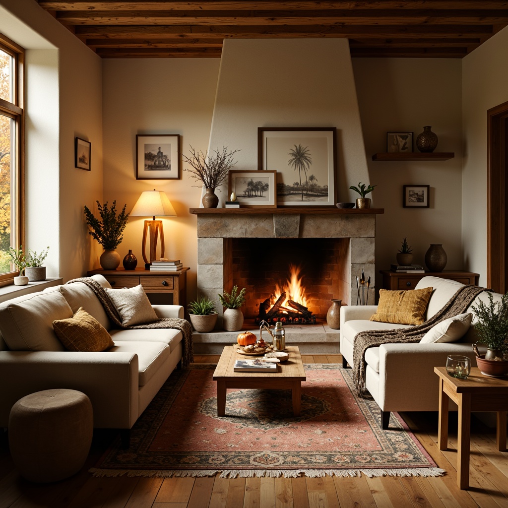 Prompt: Cozy living room, warm beige walls, rich wooden furniture, soft golden lighting, plush throw blankets, crackling fireplace, autumn leaves, earthy tones, natural textures, woven baskets, vintage rugs, inviting atmosphere, 3/4 composition, shallow depth of field, warm color harmony, realistic renderings.