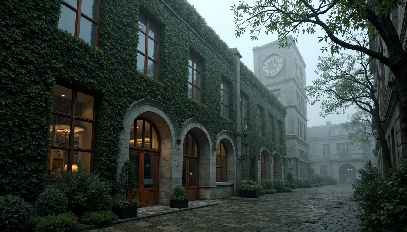 Prompt: Mysterious Gothic office building, overgrown ivy walls, twisted tree branches, eerie fog atmosphere, misty morning light, ancient stone statues, moss-covered walkways, worn cobblestone pavement, intricately carved wooden doors, stained glass windows, grand entrance arches, imposing clock towers, dramatic uplighting, high contrast shadows, 1/2 composition, atmospheric perspective, mystical ambient sounds.