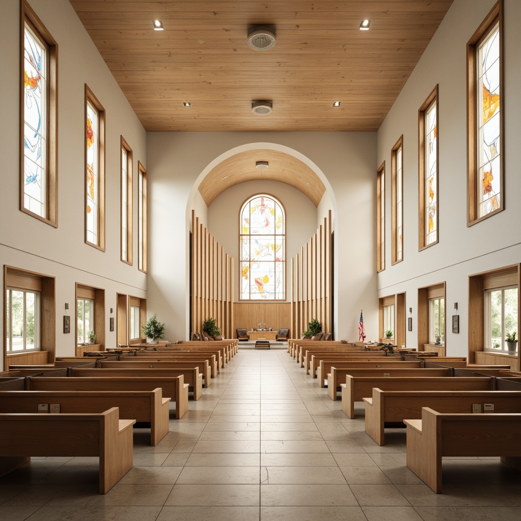 Prompt: \Sacred modern chapel, calming whites, creamy beiges, rich woods, soft gold accents, stained glass windows, abstract geometric patterns, intricate mosaics, natural stone floors, sleek metal beams, minimalist pews, ambient warm lighting, shallow depth of field, 1/1 composition, panoramic view, realistic textures, subtle gradient effects.\