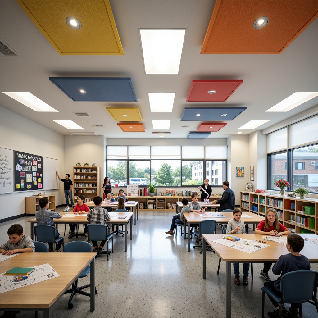 Prompt: Vibrant elementary school, colorful classrooms, interactive whiteboards, collaborative learning spaces, ergonomic student desks, innovative window treatments, solar-powered shading systems, energy-efficient roller shades, automated blinds, natural light harvesting, minimalist design, sleek aluminum frames, double-glazed windows, acoustic comfort, stimulating color schemes, motivational quotes, inspiring artwork, softbox lighting, panoramic views, 3/4 composition, realistic textures.