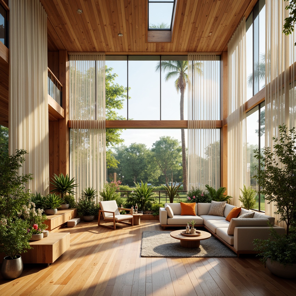 Prompt: Vibrant living room, floor-to-ceiling windows, sheer curtains, natural wood flooring, earthy tone color scheme, organic shapes, clerestory windows, skylights, solar tubes, light wells, reflective surfaces, minimalist decor, comfortable seating areas, lush greenery, blooming flowers, warm sunny day, soft diffused lighting, shallow depth of field, 1/1 composition, realistic textures, ambient occlusion.